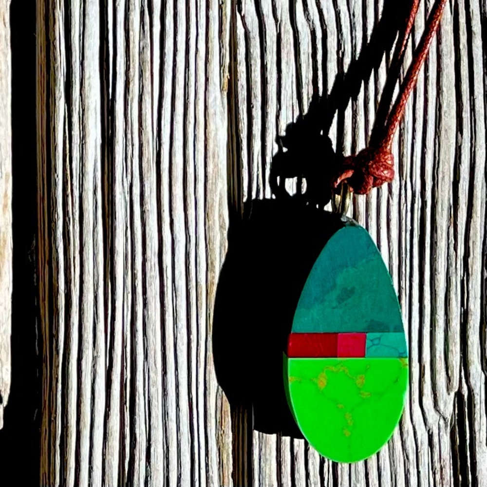 NWOT Handmade Artisan Wooden Inlay Pendant Necklace, adjustable, artist gift